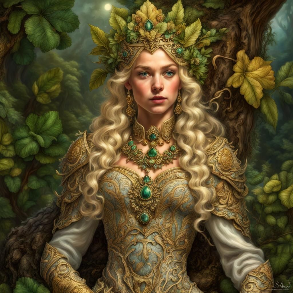 High Elvin Princess in full leafy regalia, blonde, intricate...