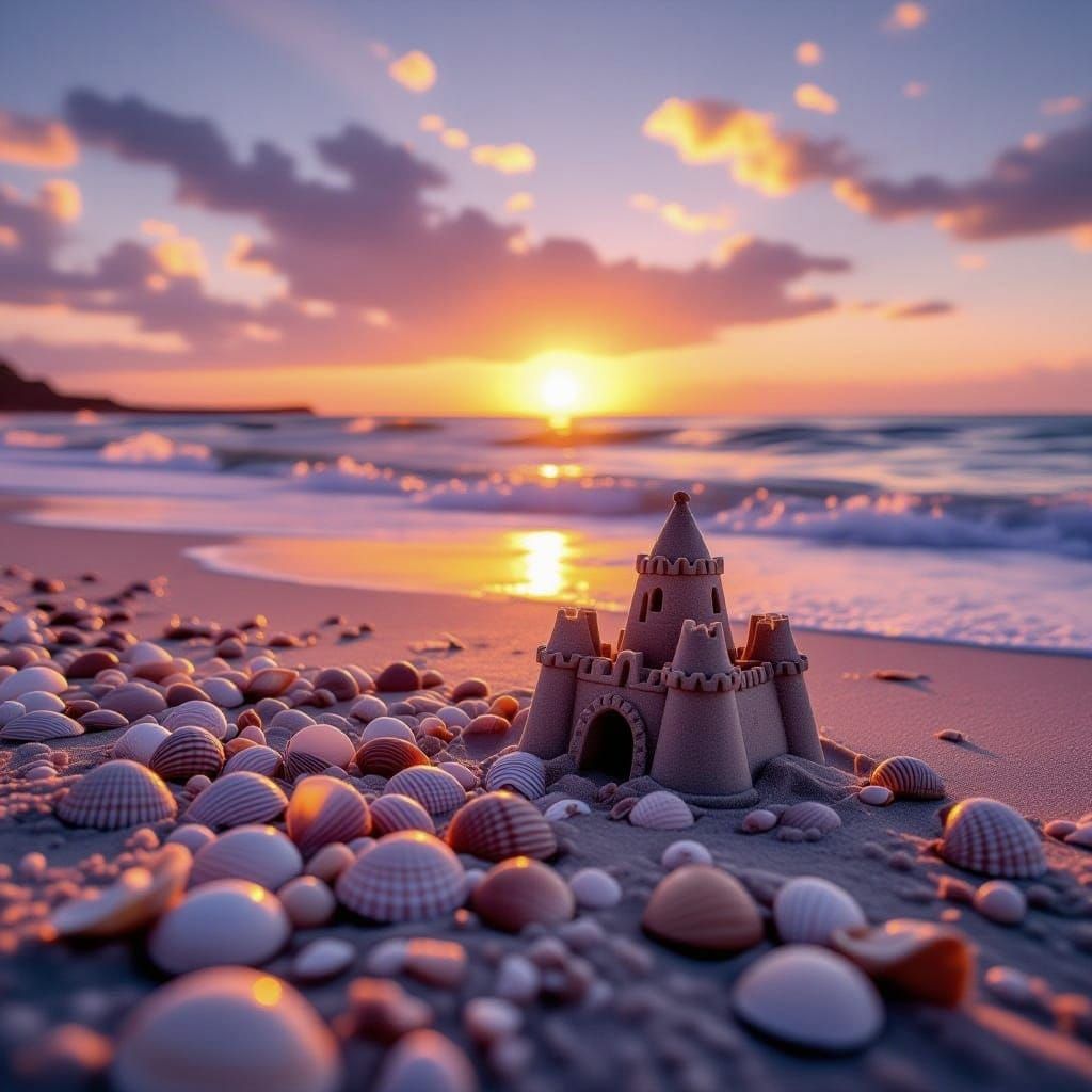 Photorealistic Ocean Sunset with Seashells and Sandcastle Ru...