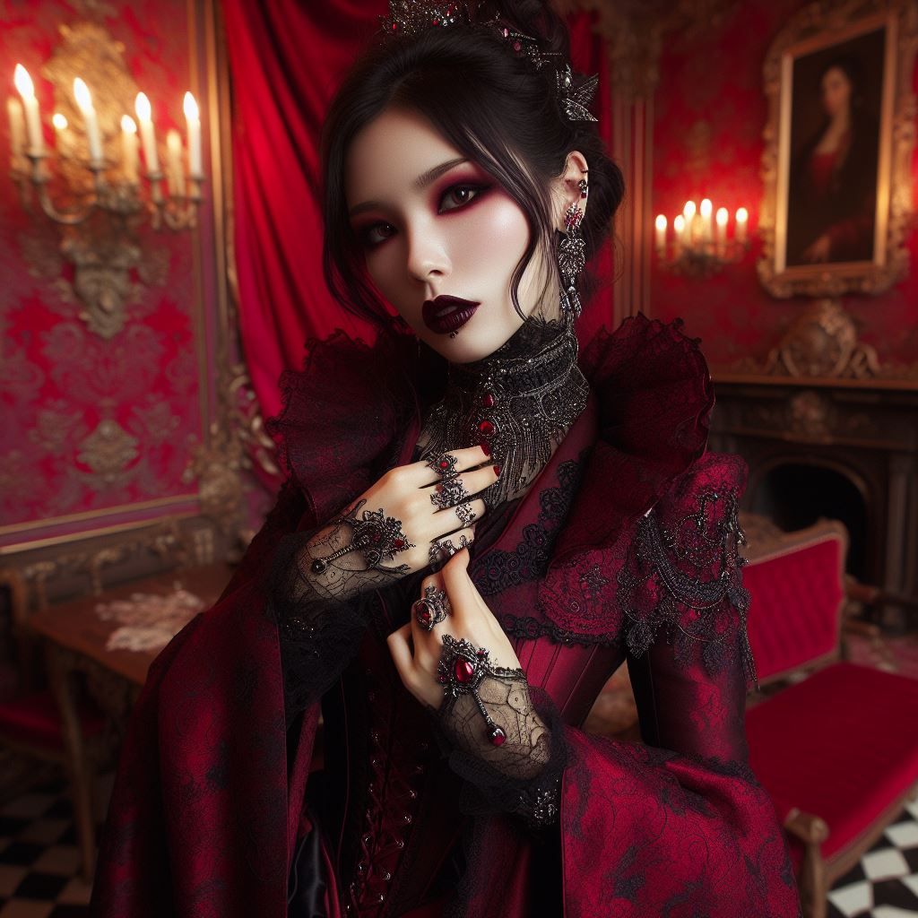 A gothic classy woman in a braoque room