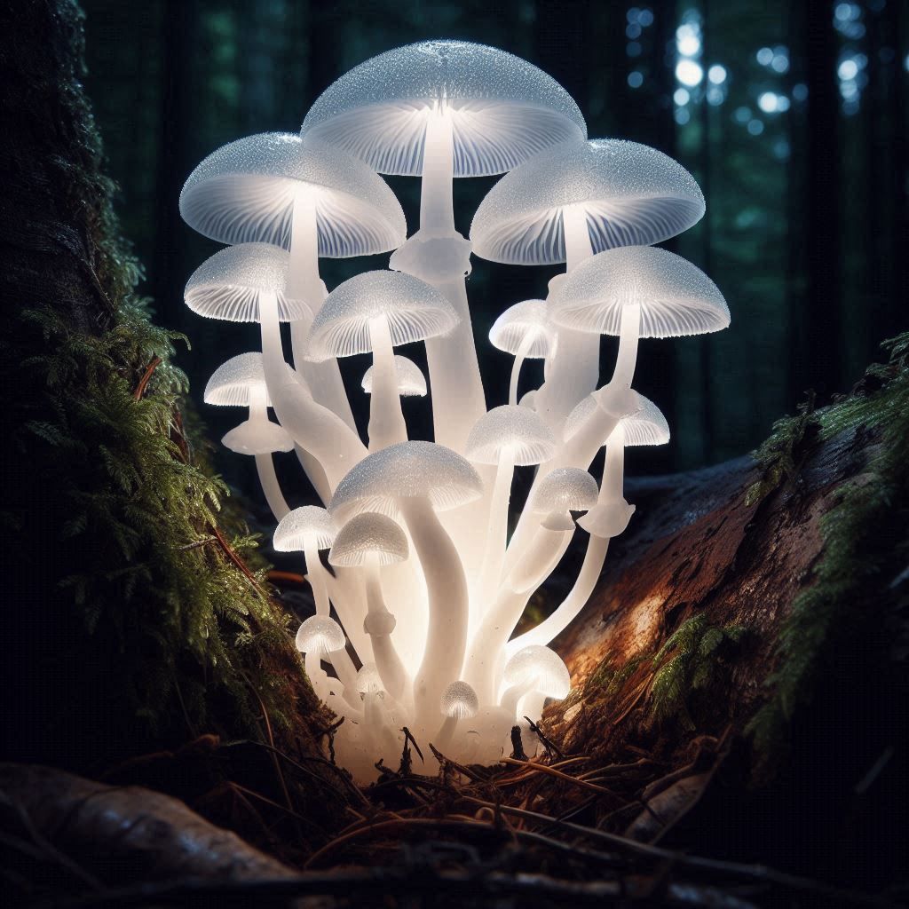 Glowing white mushrooms