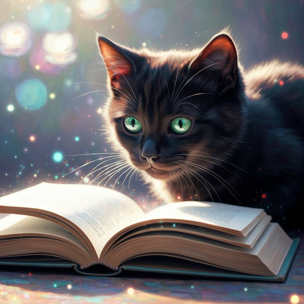 A black kitten with green eyes looking intently at an open book, impressionistic magical ethereal 