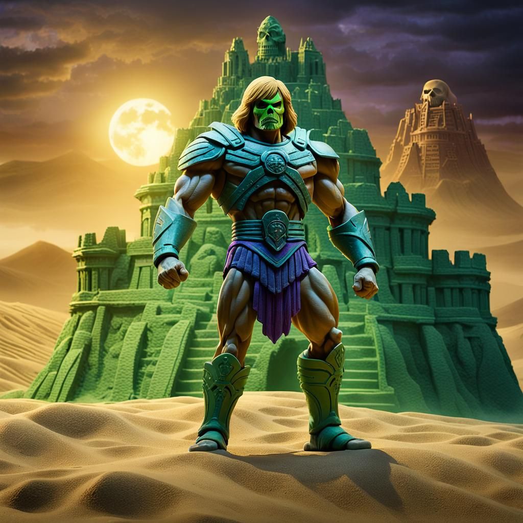the He-man figure, on the back of his green combat tiger, fa...