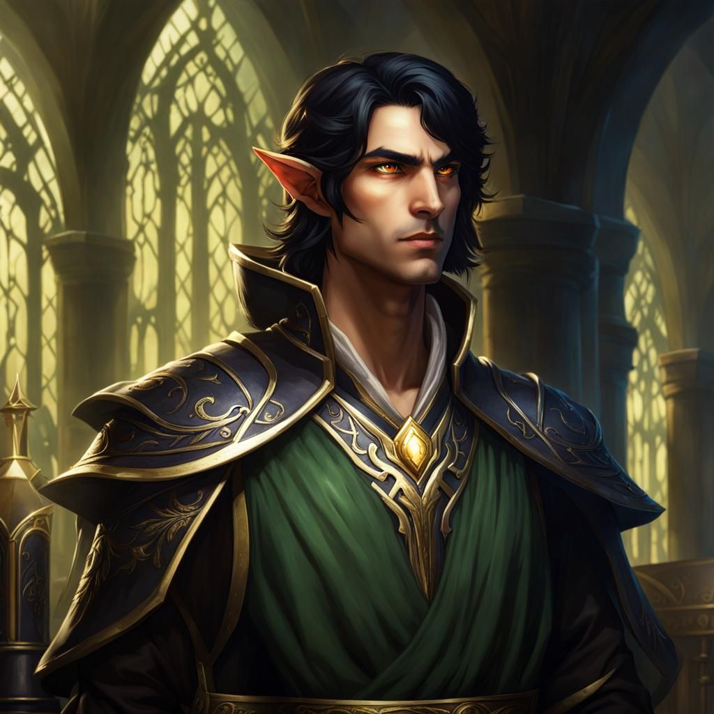 Male elf, with shoulder length black hair, gold eyes, in a lab. Mage ...