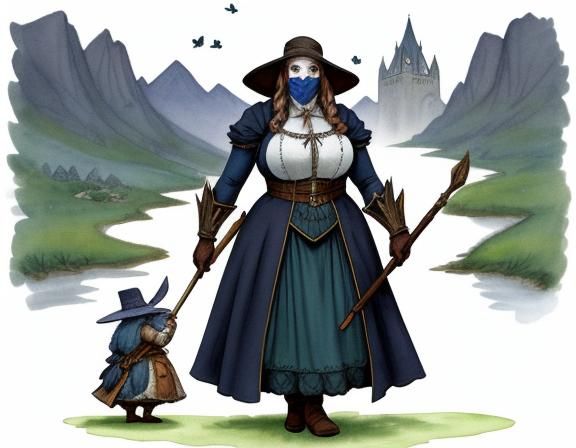 A fantasy illustration of a	Matriarchal	plus-sized	dwarf	Mage	 wearing conservative clothing,	 near a	village	, ...  by @Lots-of-games-to-play