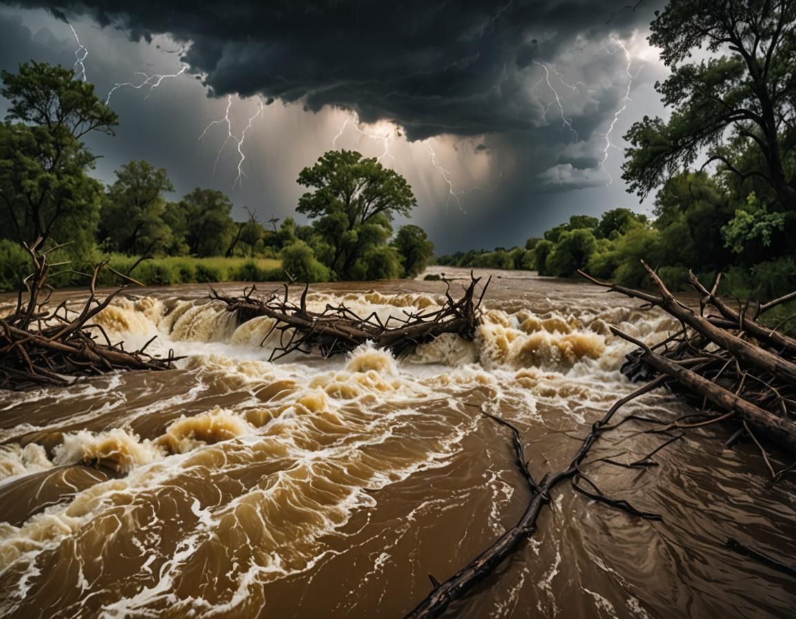 A scary huge river flood in a storm