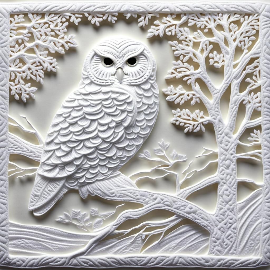 pure white scene snow owl in tree