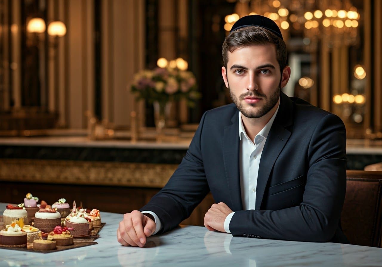 Elegant Ultra-Orthodox Gentleman Savoring Patisserie Delight...
