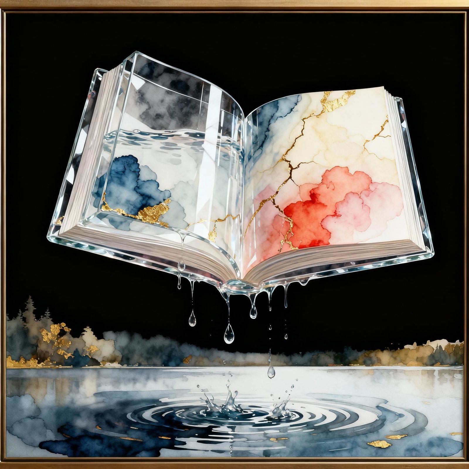 Ethereal Water Book Floating Over Lake, Watercolor and Gold ...