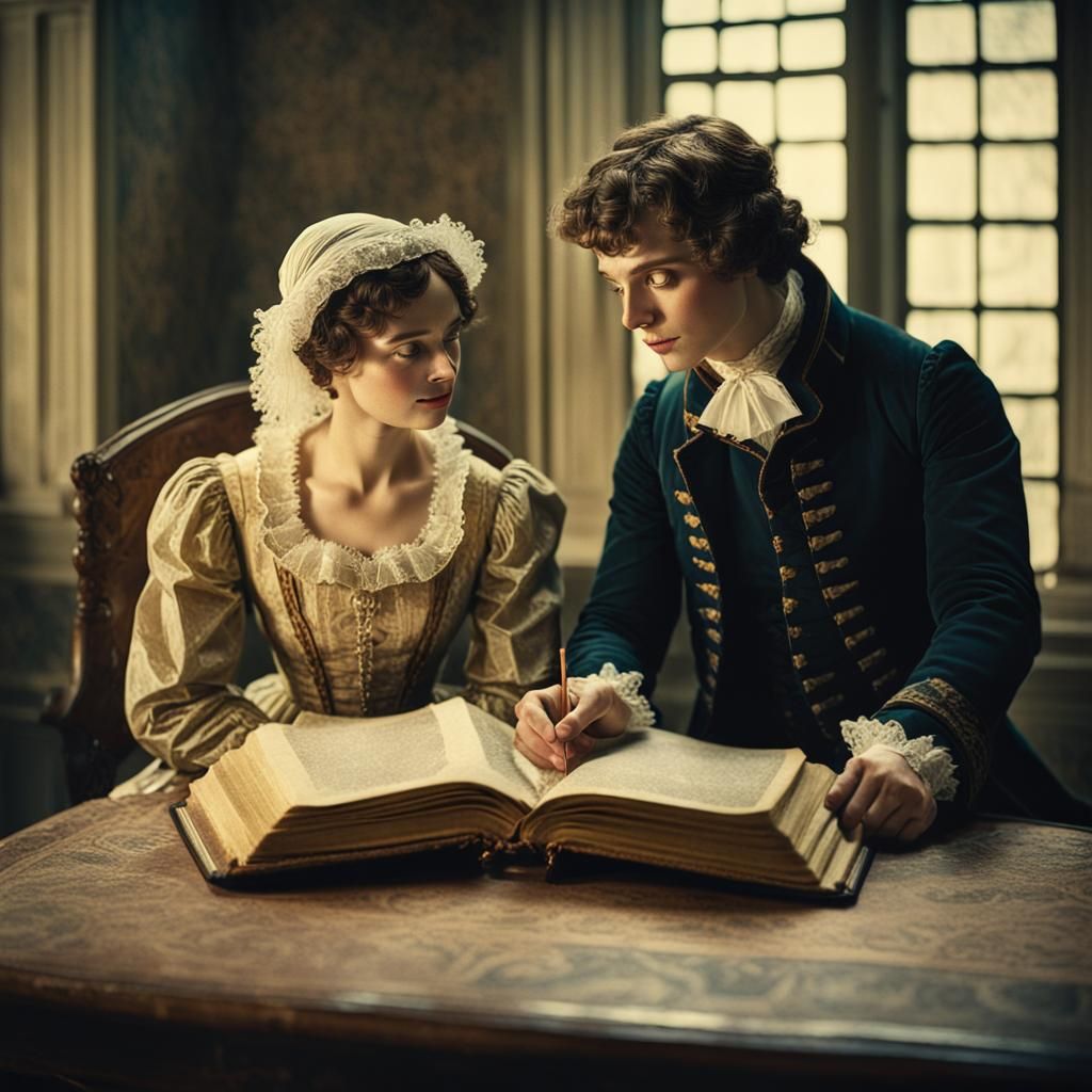 two lovers, Jane Austen style, 18th century clothing, old bo...
