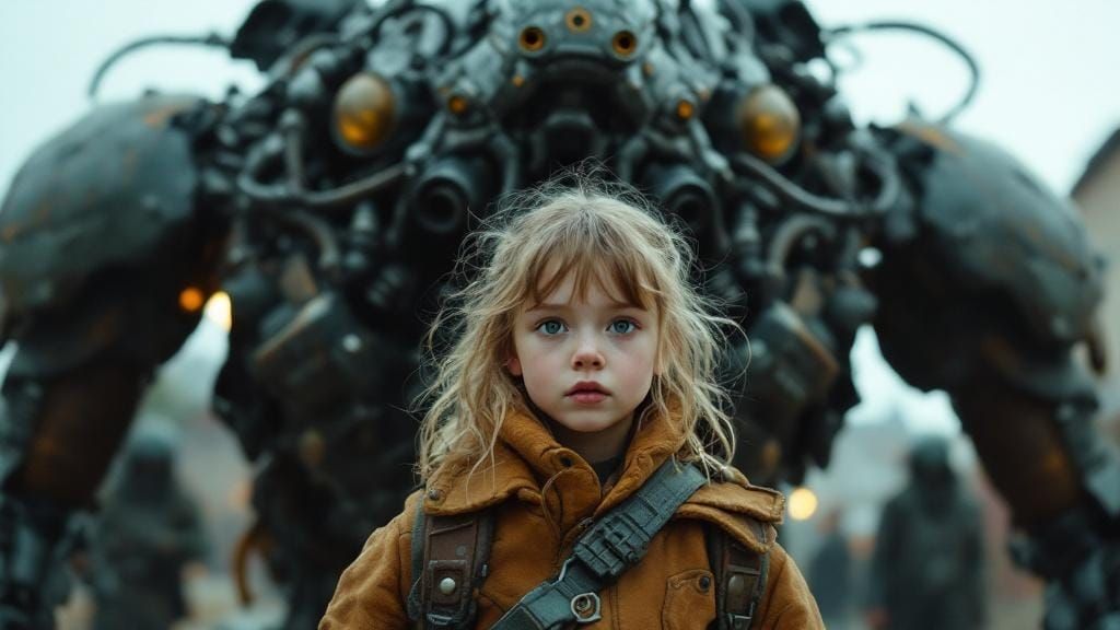 The mute girl waves and smiles, while her towering robot mimics her movements in the background