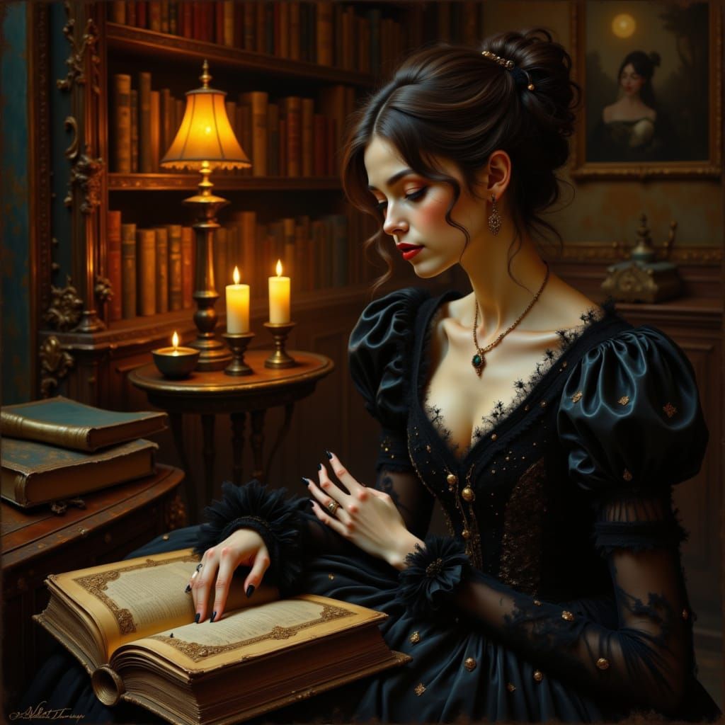 Softly illuminated by warm, golden candlelight, a woman sits with her back slightly arched, her slender fingers gently grasping the pages of...
