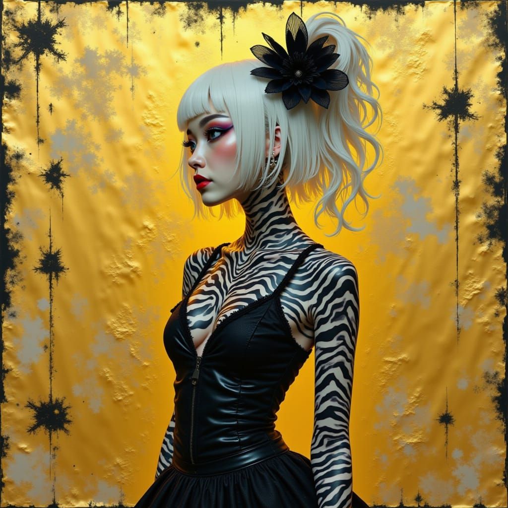 <lora:Gold Black flux:1.0> collage art, glitchcore tattood cyberpunk silhouette, albino asian anime girl, haute couture, fantastical, black-...