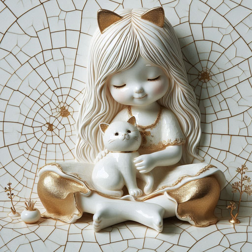 white and gold whimsical girl and cat