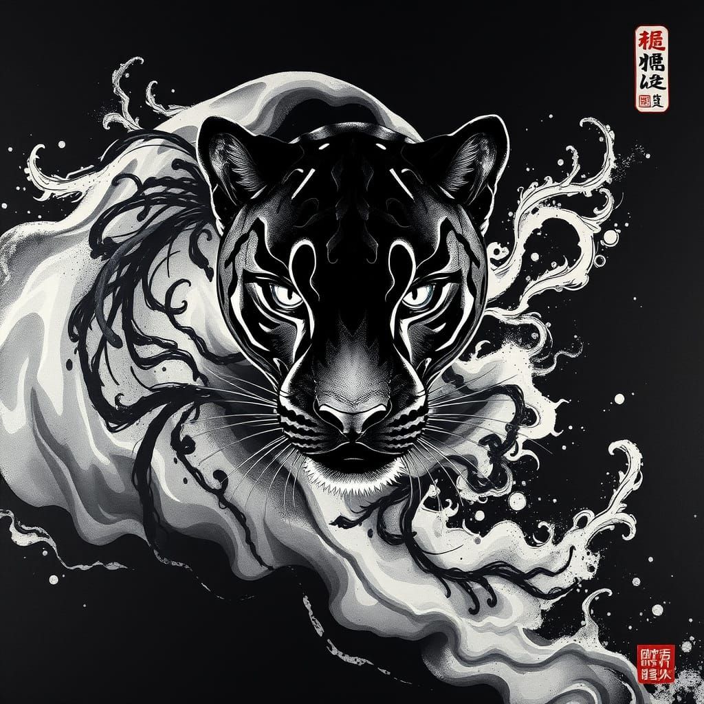 Ink Panther Sumi-e Style with Silver Eyes