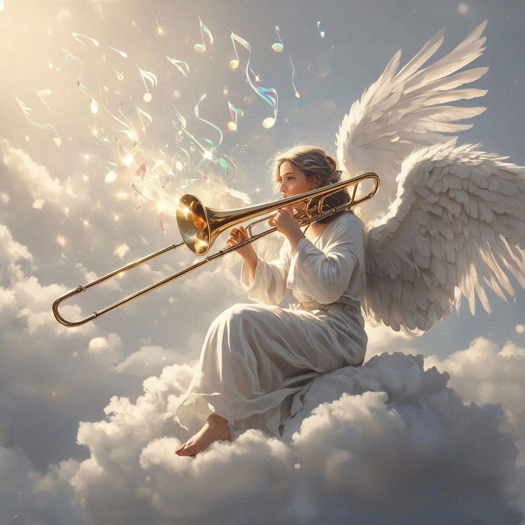 Angel playing trombone and making magic music