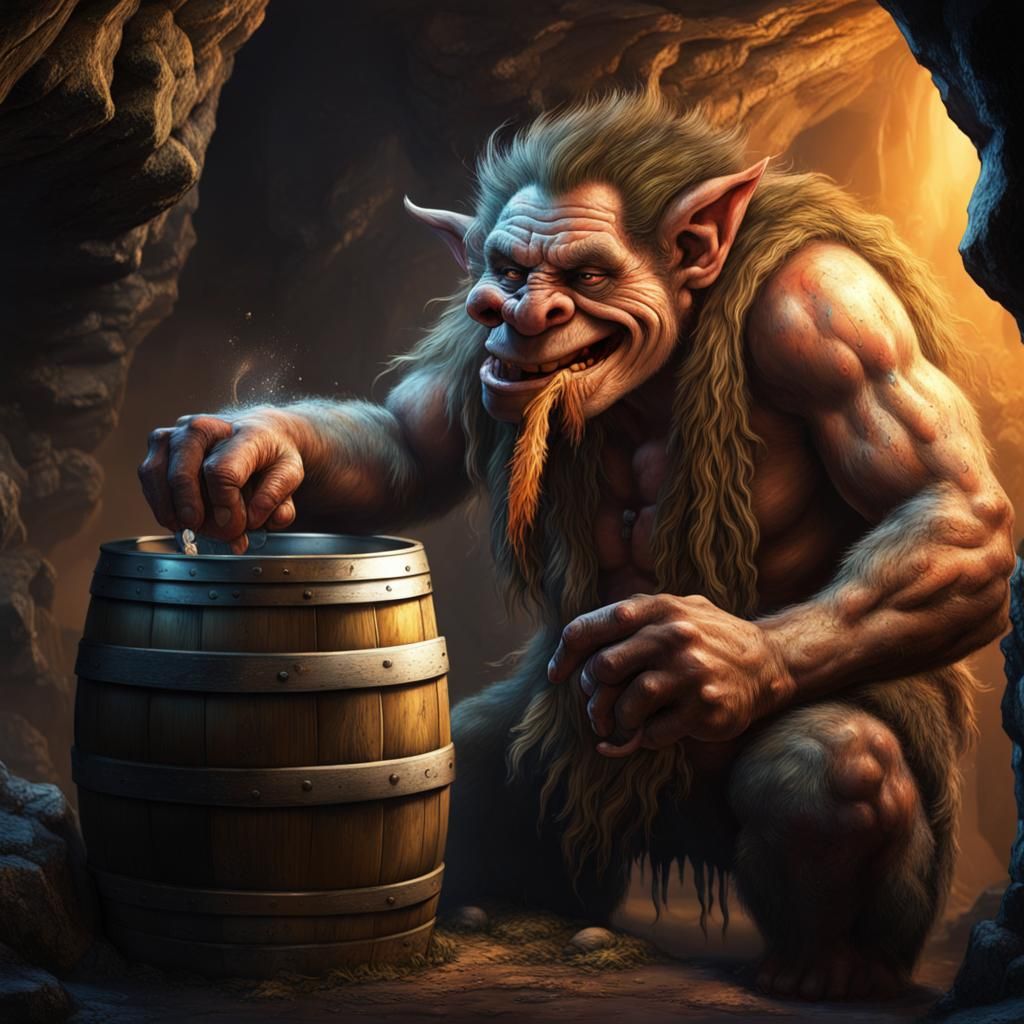 troll in cave drinking from a keg Hyperrealistic, splash art...