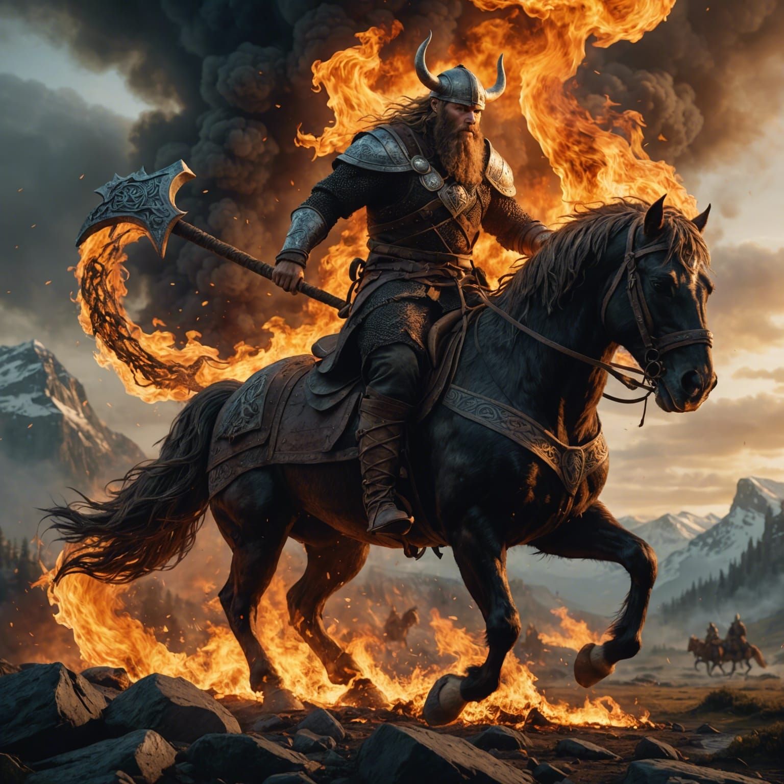 viking riding a horse on fire