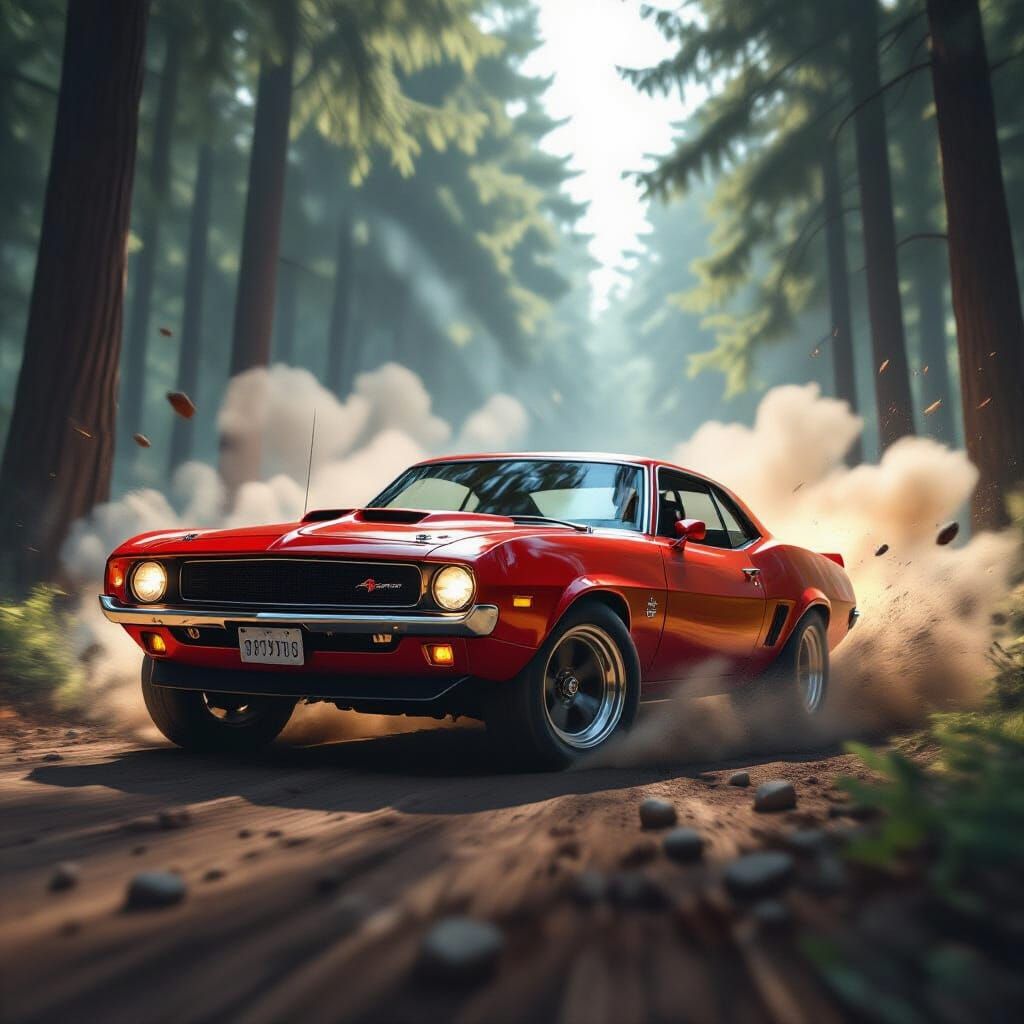 A powerful muscle car bursts out of the dense forest at full speed, branches, stones, and clumps of dirt flying through the air behind it. C...