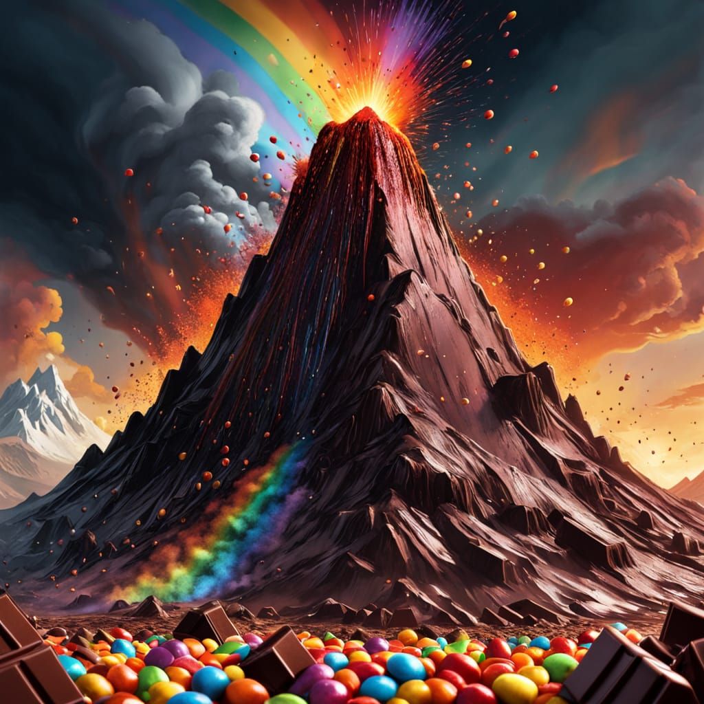 A Chocolate Volcano with Rainbow skittles Epic cinematic brilliant stunning intricate meticulously detailed ...  by @Ringking 1978