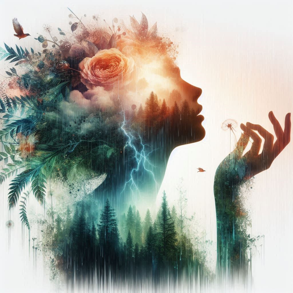 double exposure beautiful fantasy DALL-E 3 portrait landscape..
