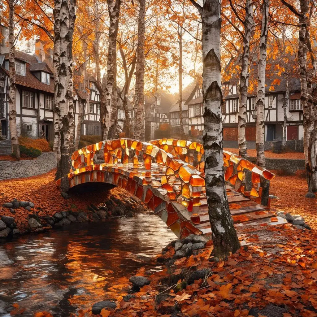 Autumn Village Forest Bridge.