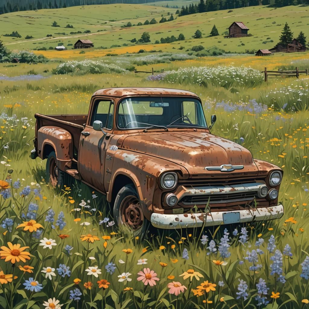 old rusted Chevy truck sitting in meadow of wildflowers
