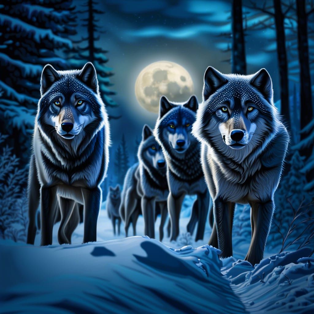Muscular Wolf pack, deep blue eyes, monochromatic color fur,...