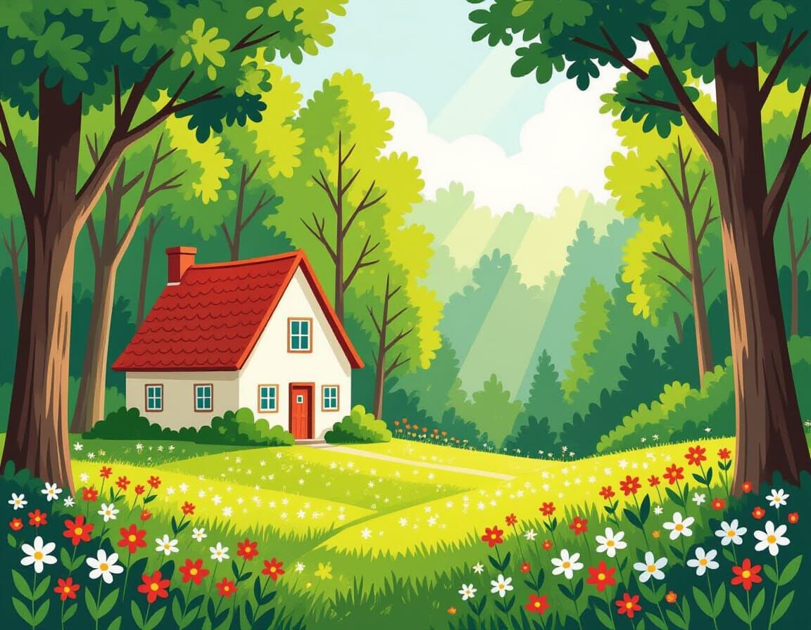 Cozy Forest House with Red Roof in Storybook Style