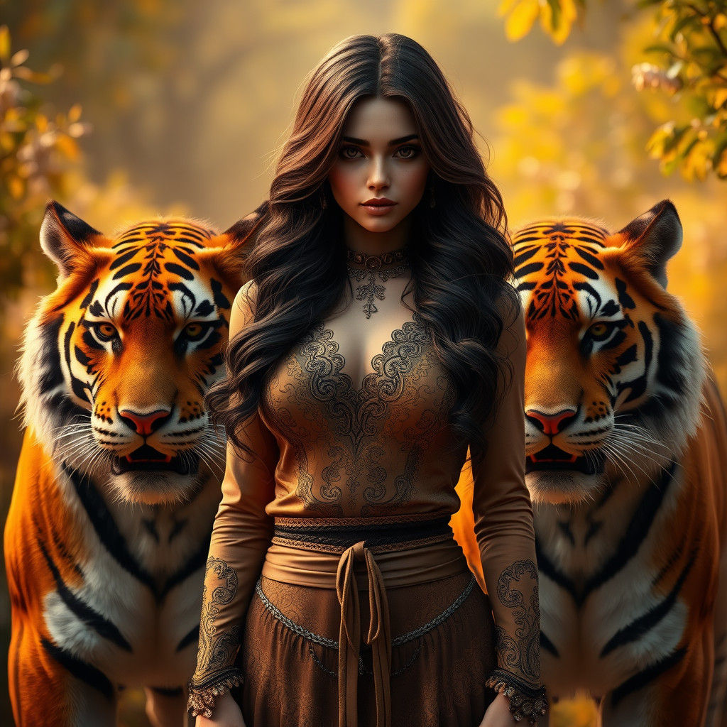 Beautiful brown hair female with her beautiful tigers