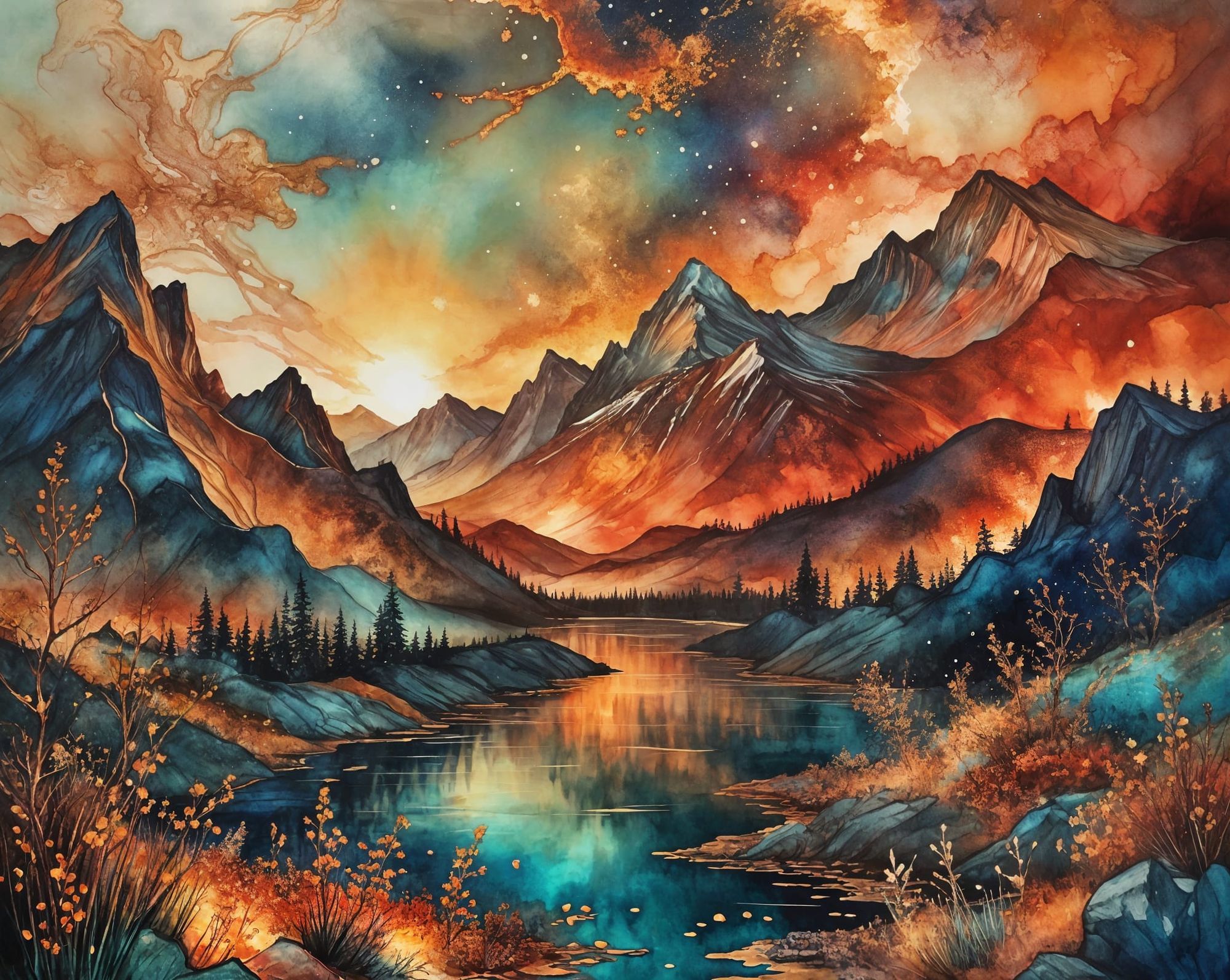 metallic mountain lake, Landscape