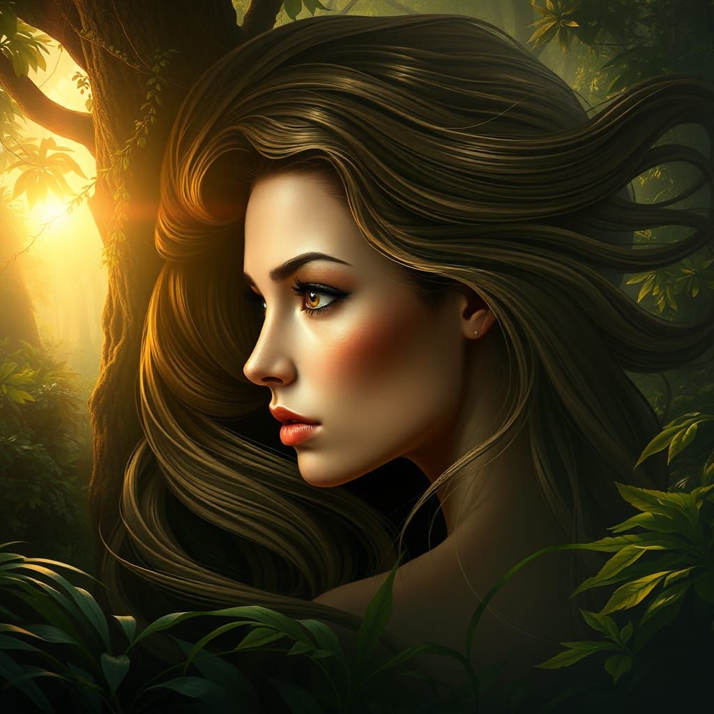 A transcendent double exposure digital artwork showcasing a beautiful woman's profile rendered in intricate detail. The woman's face exudes ...