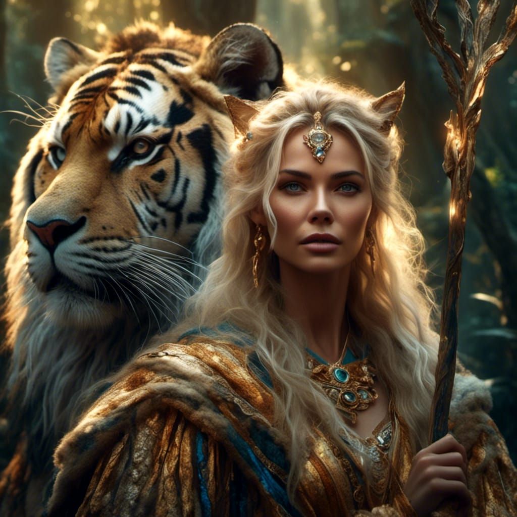 Sorceress and Tiger Guardian in Mystical Forest