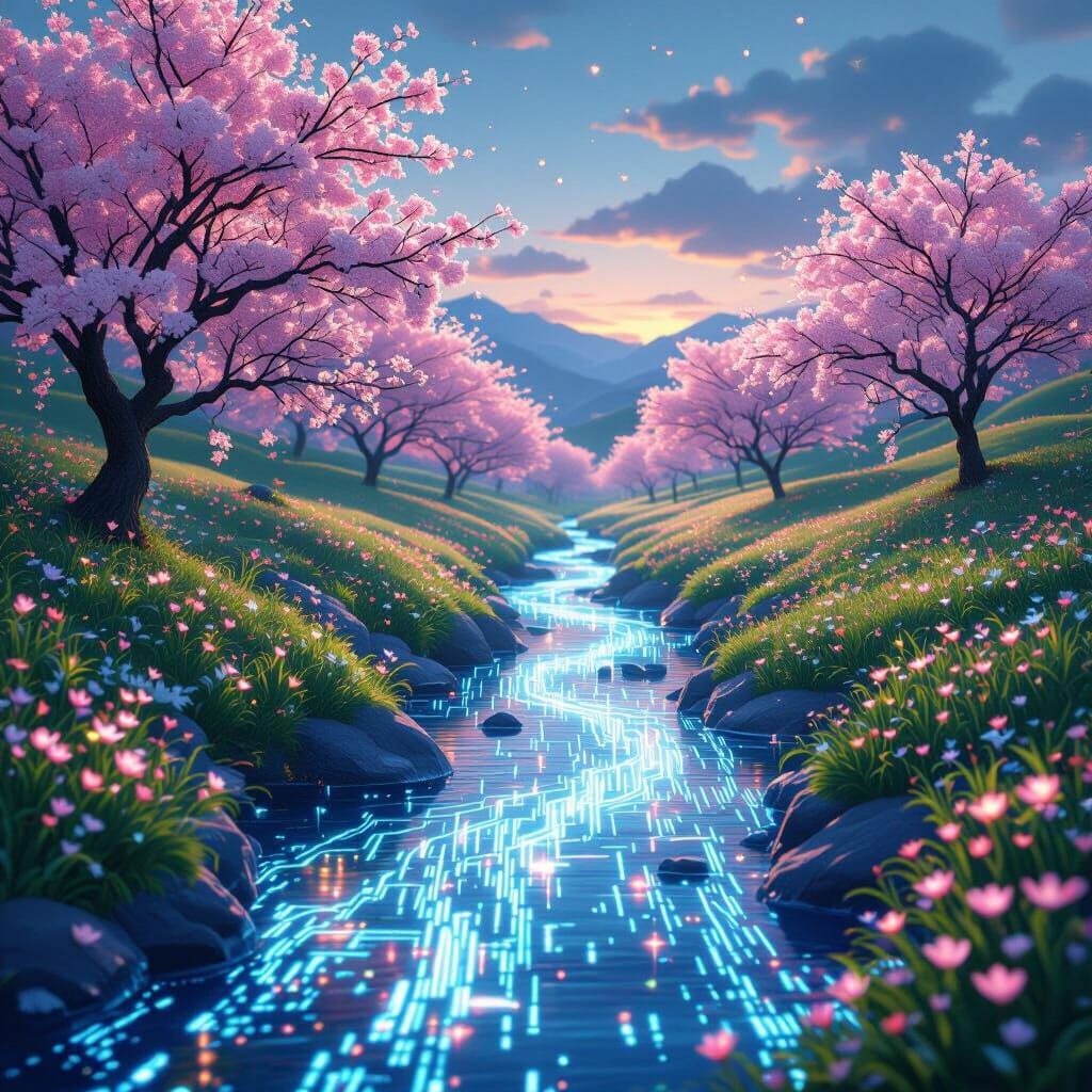 A serene landscape where digital code flows like a river through a meadow of vibrant cherry blossoms. This scene evokes a sense of blissful ...
