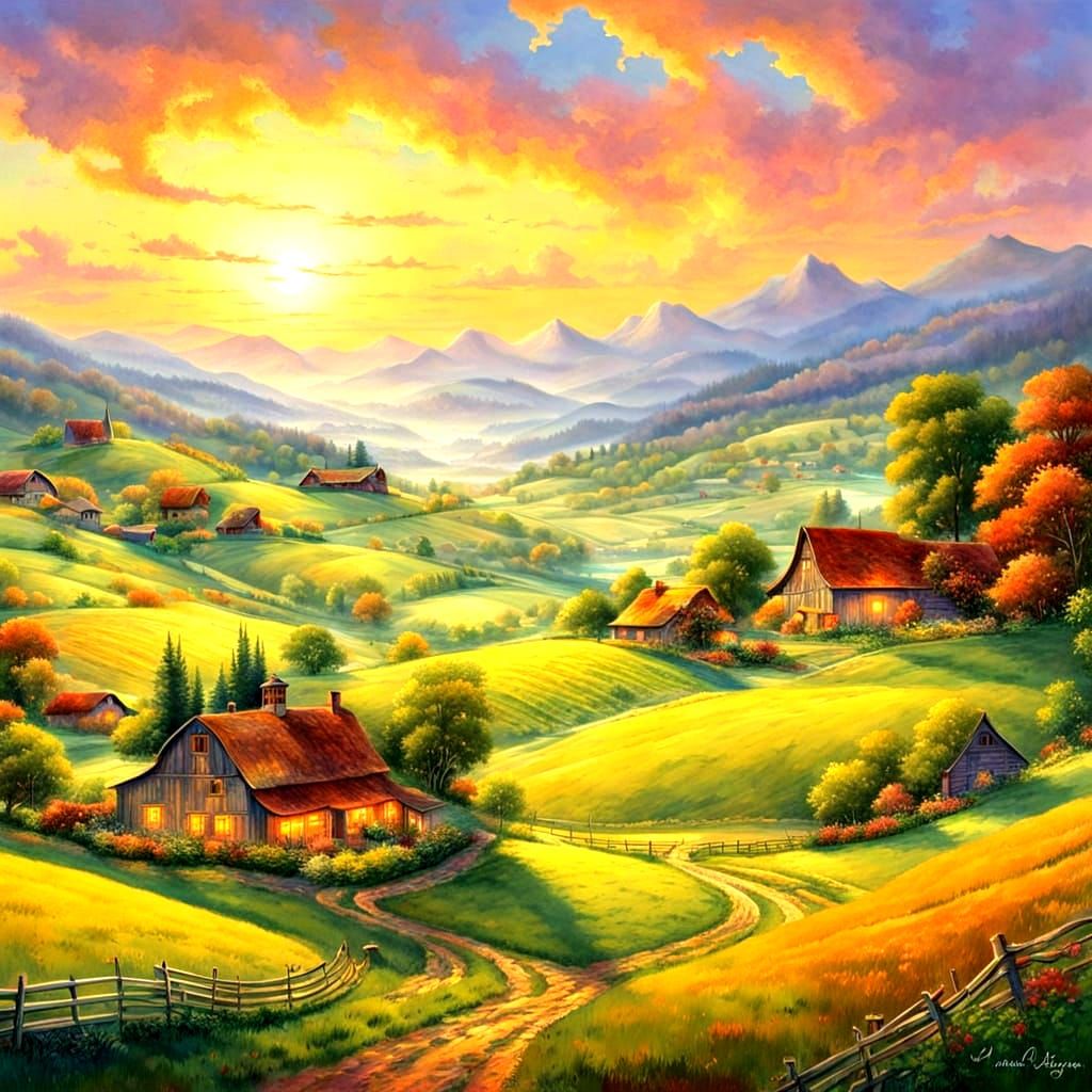 A large panoramic view with fields, green and lush , showing a farm in the distance and hills painted in a cheerful countryside masterpiece ...