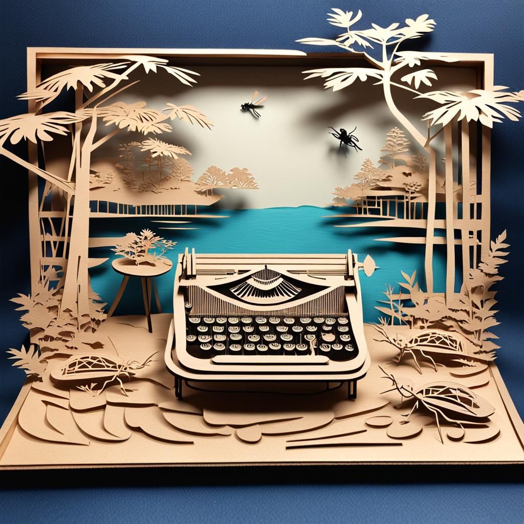 kirigami version of a scene featuring a typewriter and a cri...