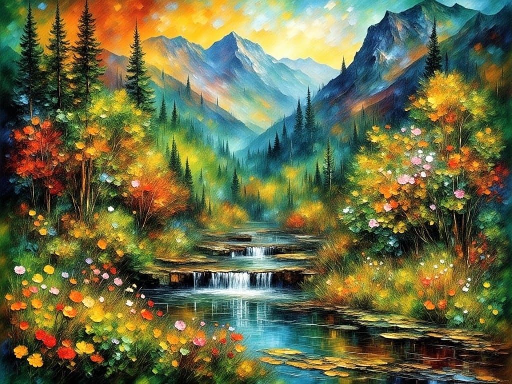 <lora:ROUGH DIAMOND:1.0> Springime run off, waterfalls cascade in the background mountains, streams running through a sp...