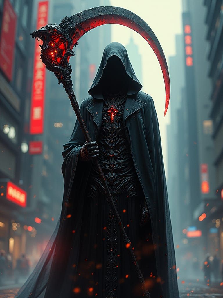 Cyberpunk Grim Reaper in Dystopian Metropolis