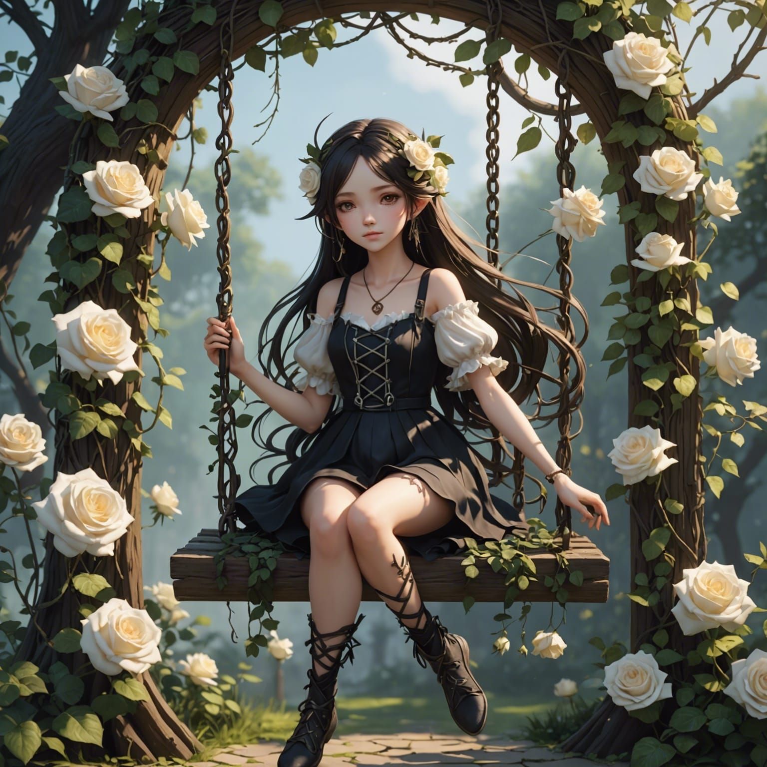 Dark Fairy on Rose Swing: 3D Anime Art