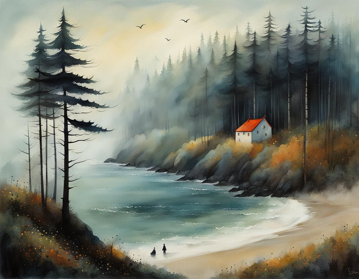 foggy craggy beach with dark fir trees  by @Amy 