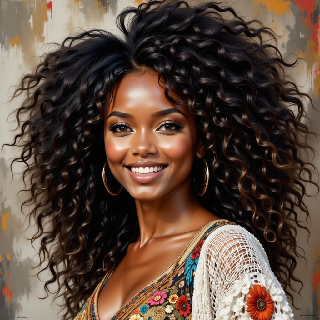 <lora:Chaotic order:1.0>,  Matte dark porcelain Brazilian woman, joyful, curly long afro hairstyle,  dressed in colorful knit white bohemian...