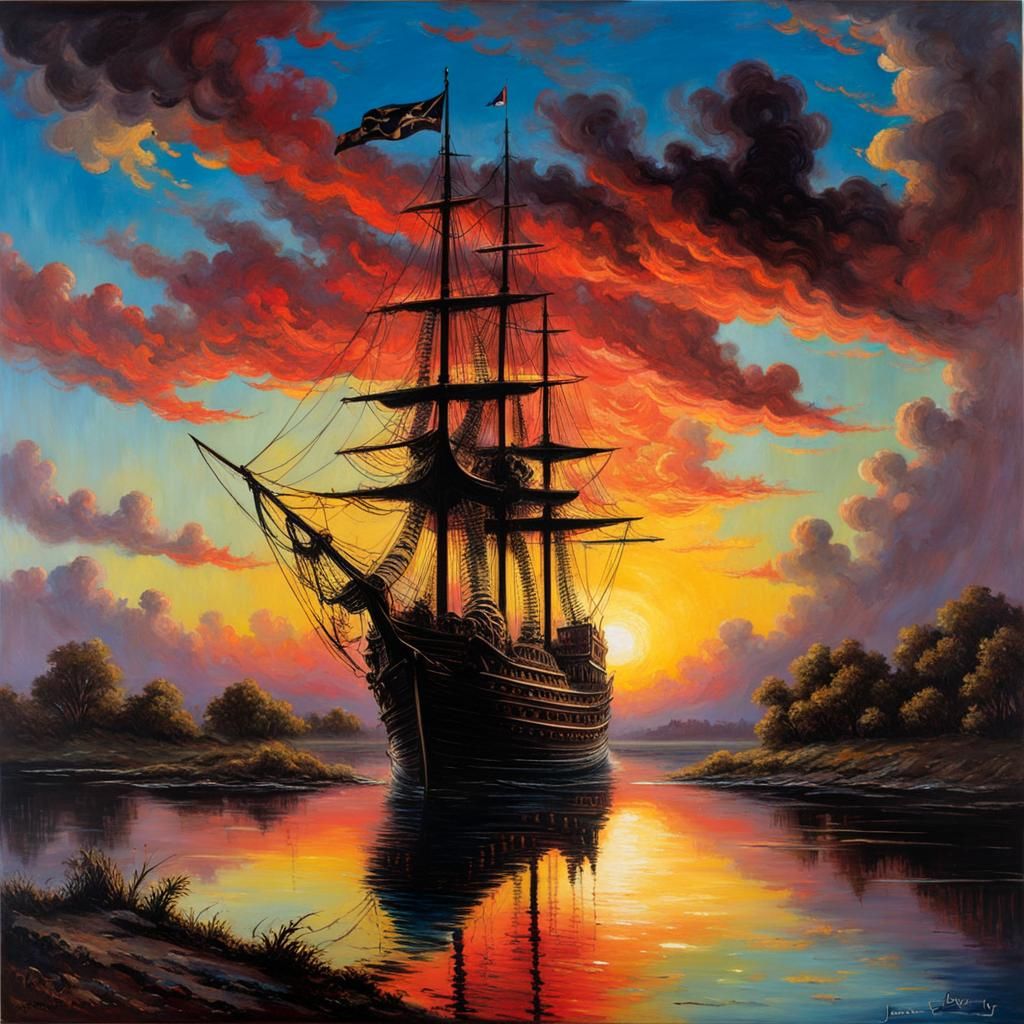 Multi color Sunset, reflection of pirate ship and sky on the...
