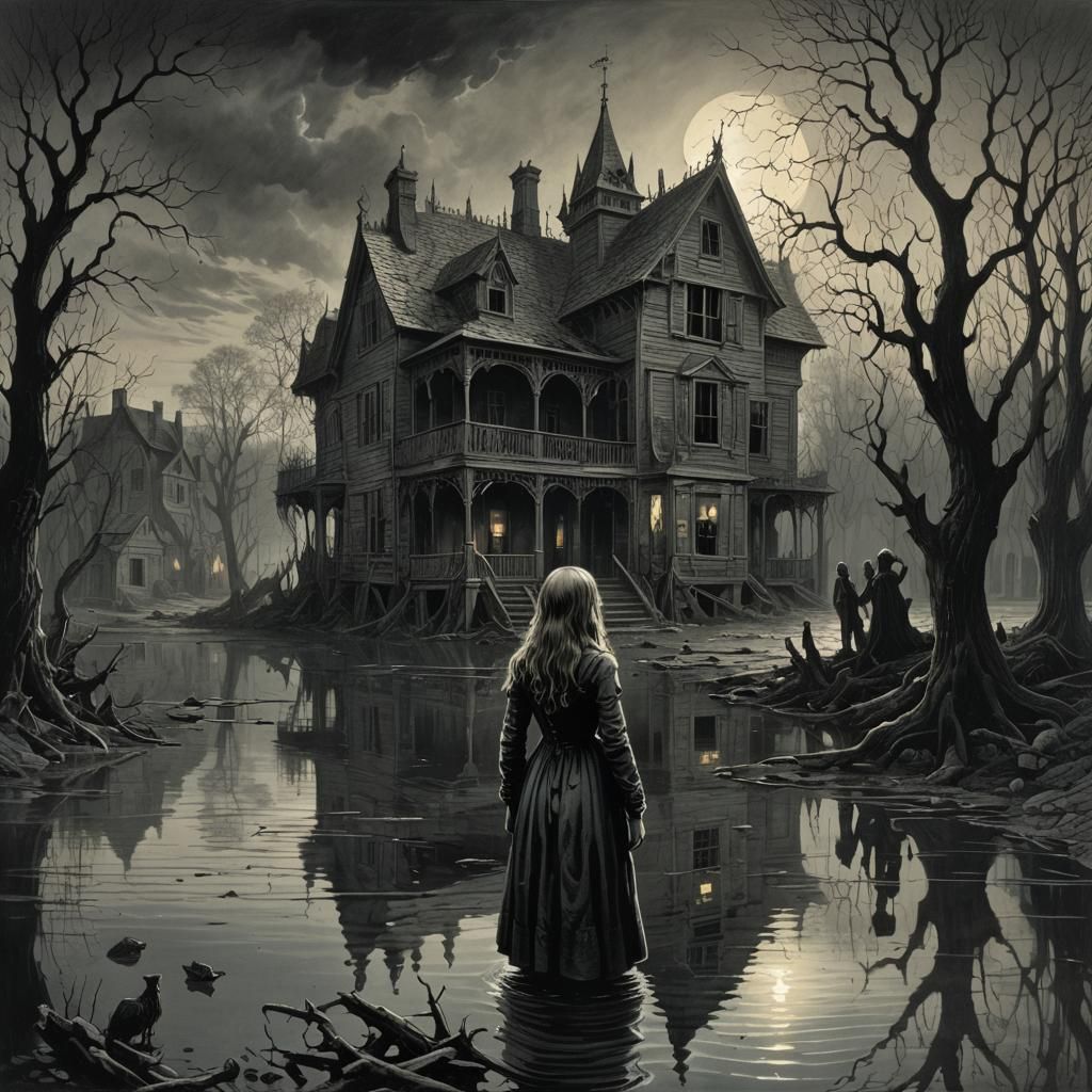 in the reflection of the water the girl sees a hellish house with ghosts  by @Zacharo