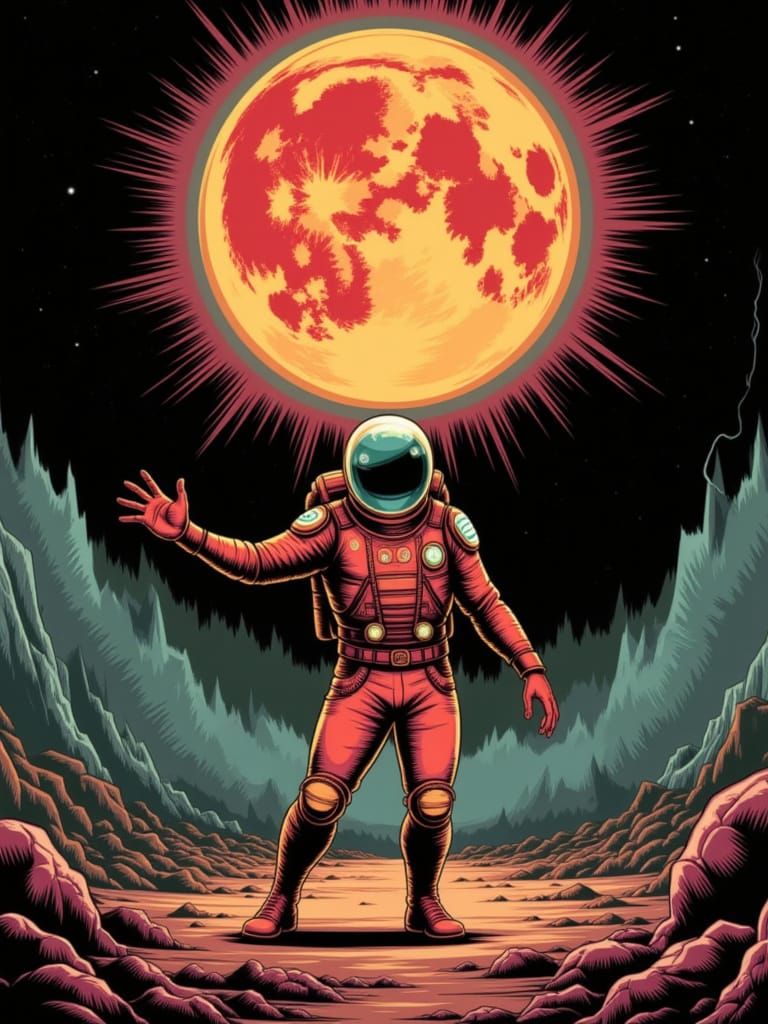 A burnt orange spaceman throwing a glowing moon <lora:Sequence X-23:1.0>