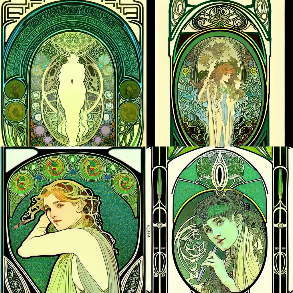 Tolkien; pipe; Alphonse Mucha; hues of green; hues of white; hyper ...