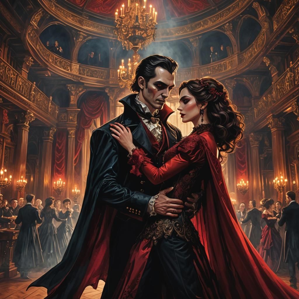 Fantasy, love, couple, ballroom, vampaire, a girl.