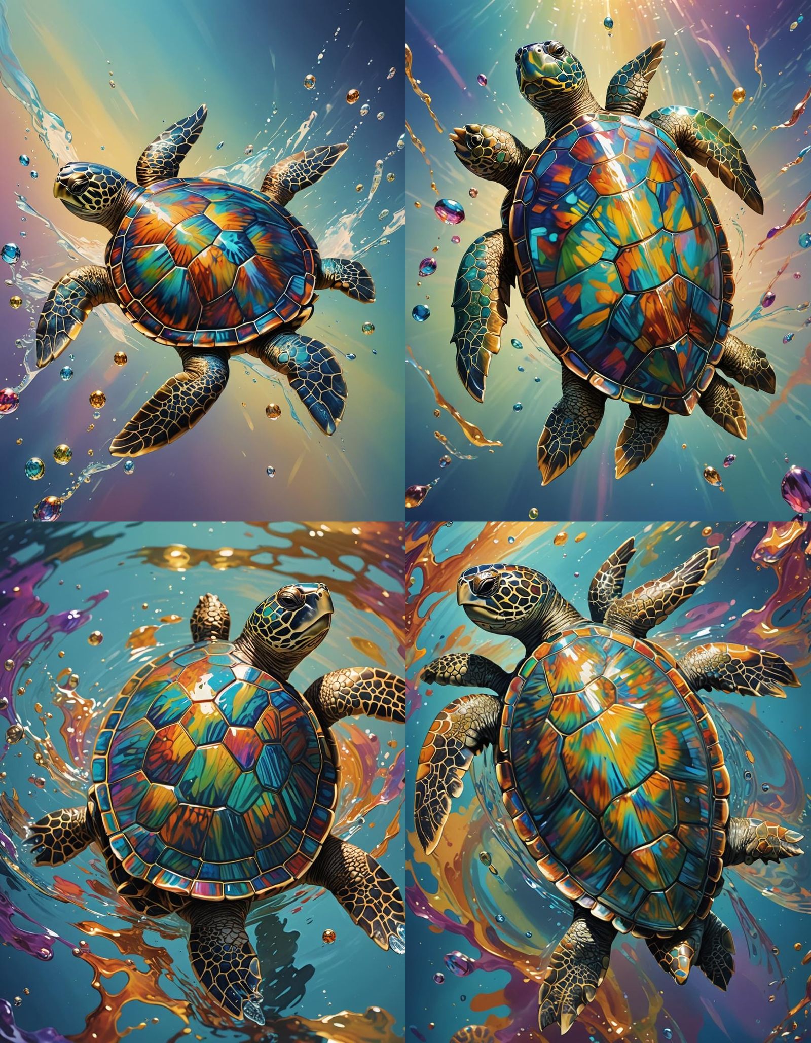 Reflective Sparkling Turtle, Hyperrealistic, splash art, concept art, mid shot, intricately detailed, color depth, drama...