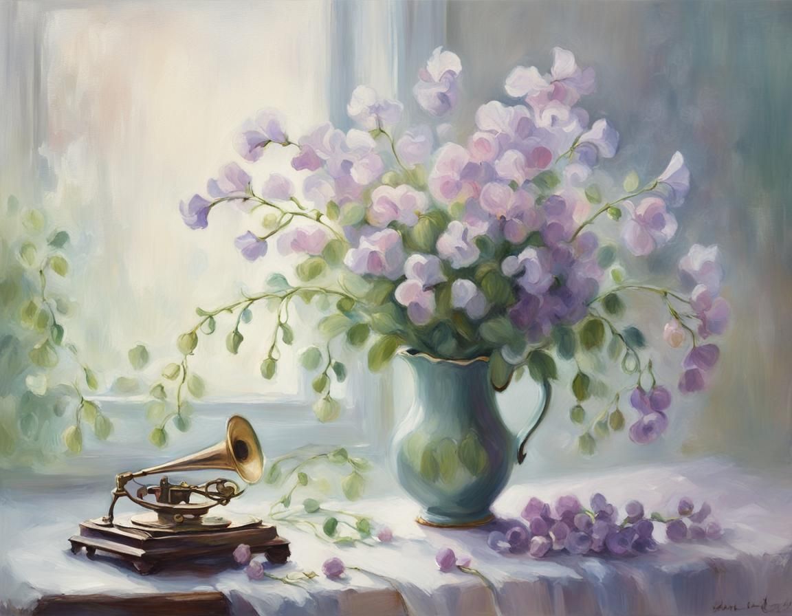 Dreamy Sweet Peas in Fog: Impressionist Oil Painting