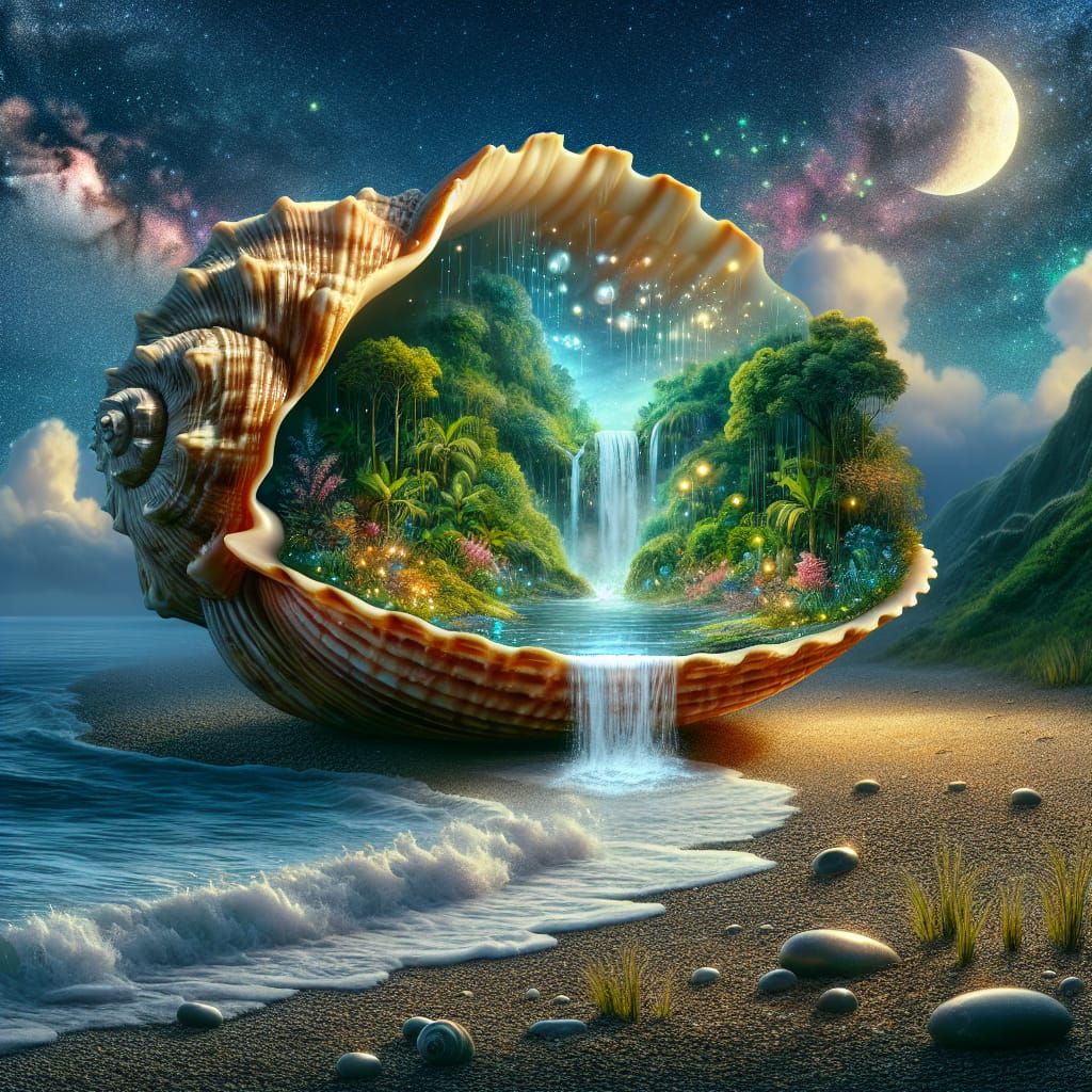 digital painting in the style of Alex Alemany, an opened cockleshell in which a beautiful jungle landscape ...  by @AutumnBear