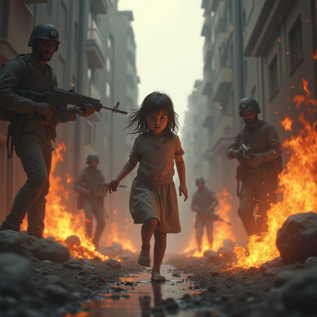 Young Girl Fleeing War-Torn Cityscape in Desperate Pursuit