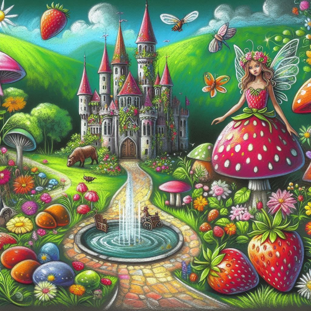 Una Ilustración, pequeña hada y su mundo de fantasía, fresas...